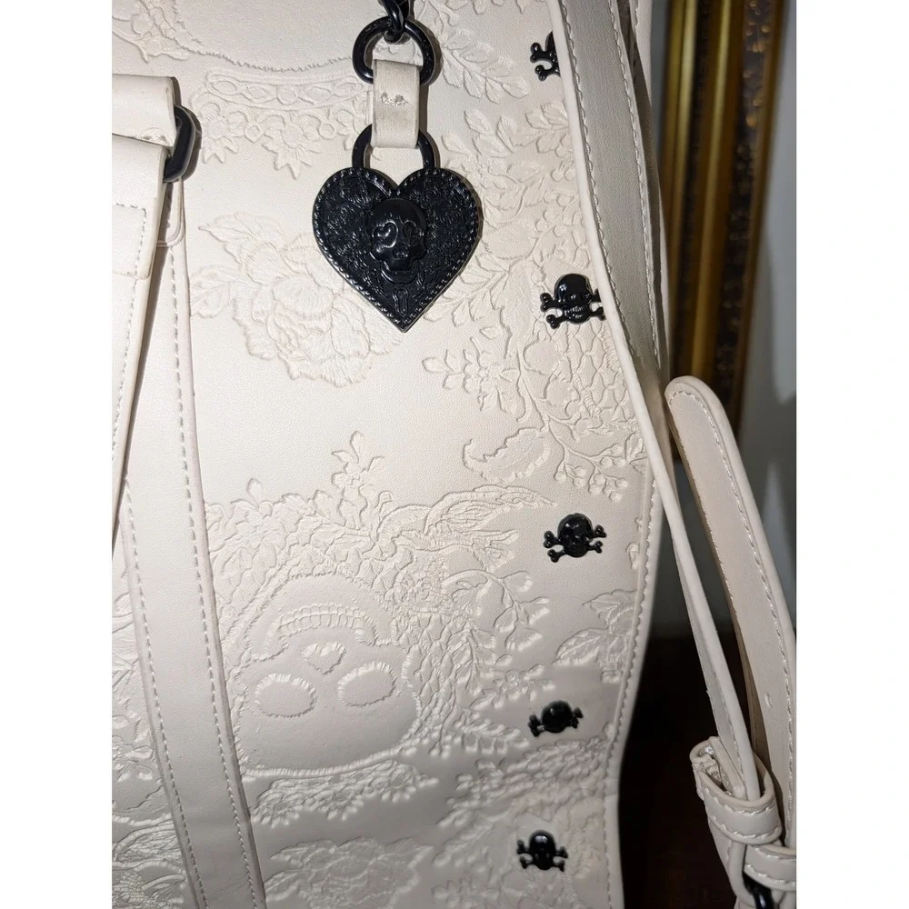 Betsey Johnson Cream Embossed Skull Floral Tote Bag Black Studded Crossbody Tote
